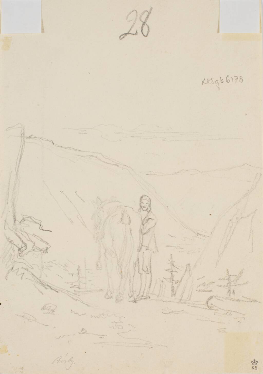 Norsk landskab med bonde stående ved hest by Martinus Rørbye